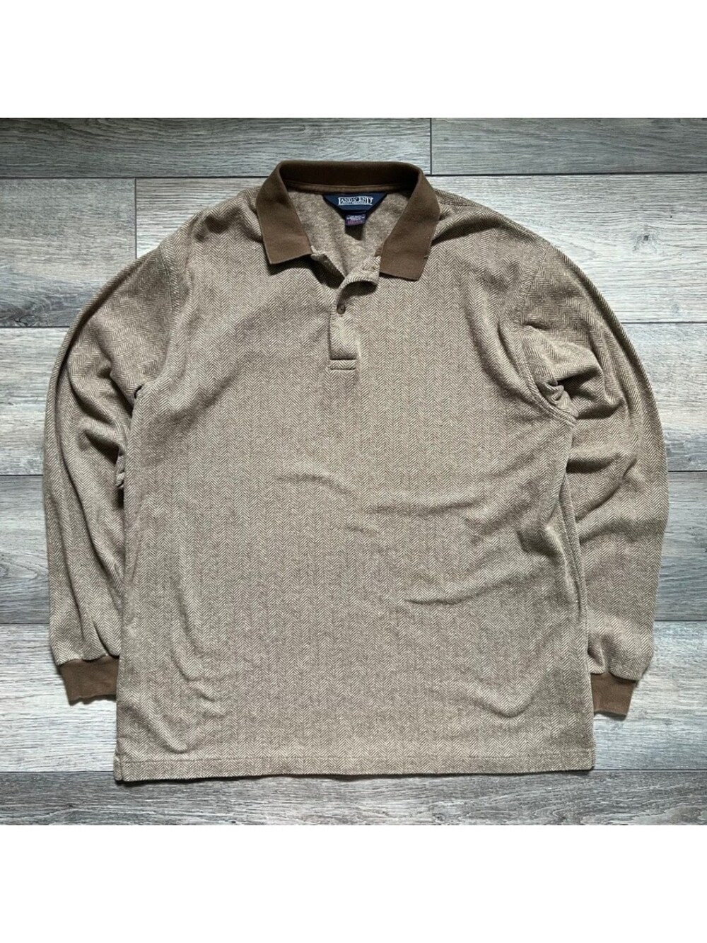 Lands' End Men's L Rugby Polo Shirt Sweater Brown Houndstooth Herringbone USA